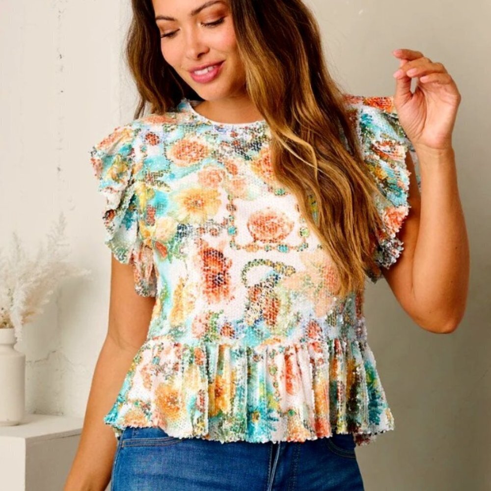INA Women's Ruffle Sleeve Sequin Floral Multi Print Top - L